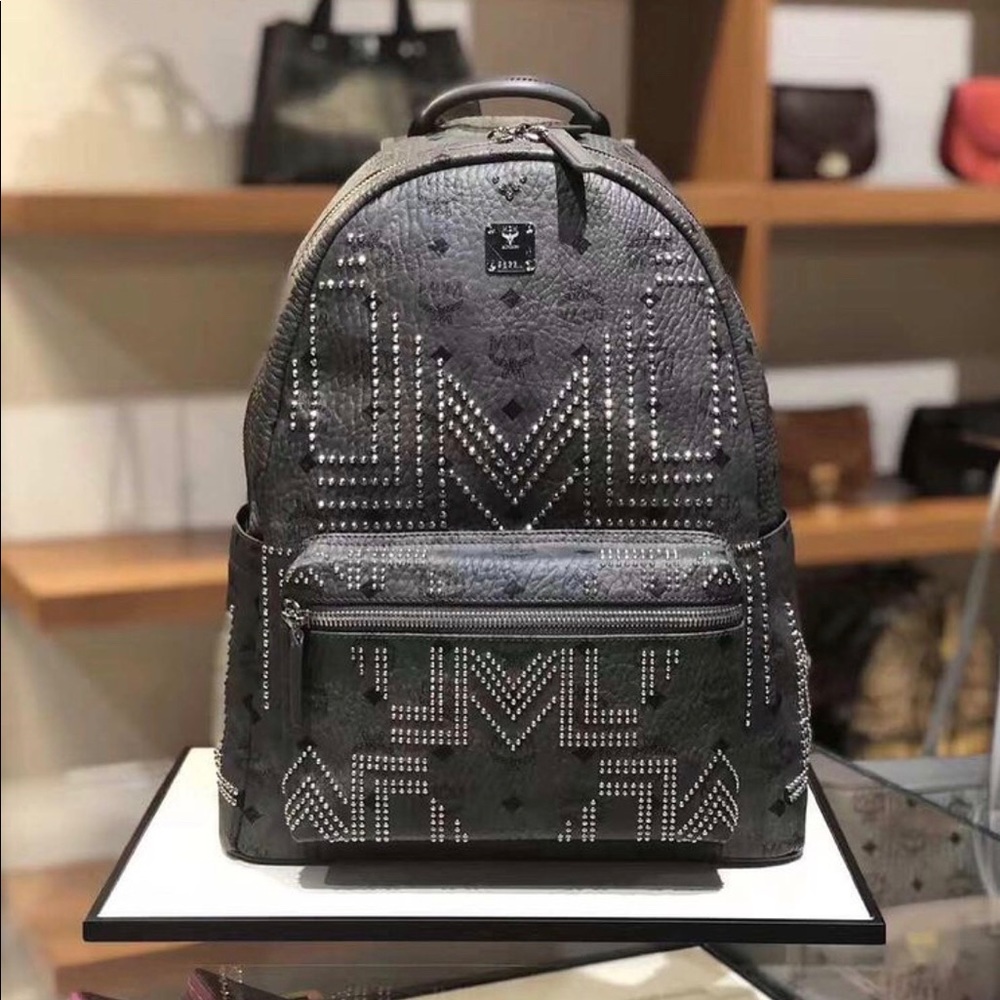 New With Tags MCM Grey Stark 40 Coated Canvas Studded Backpack